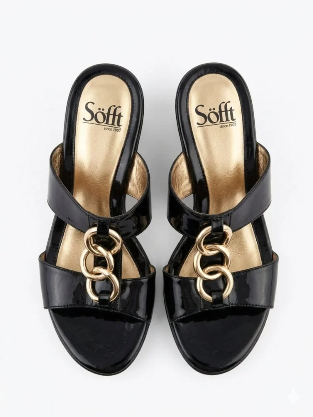 Like New Sofft Black Patent Leather Gold Ring Wedge Slide Sandals Size 8